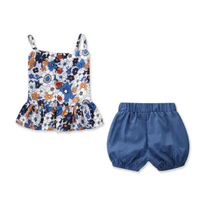 2 Pcs Girl Flower Print Spaghetti Strap Tops And Shorts Set