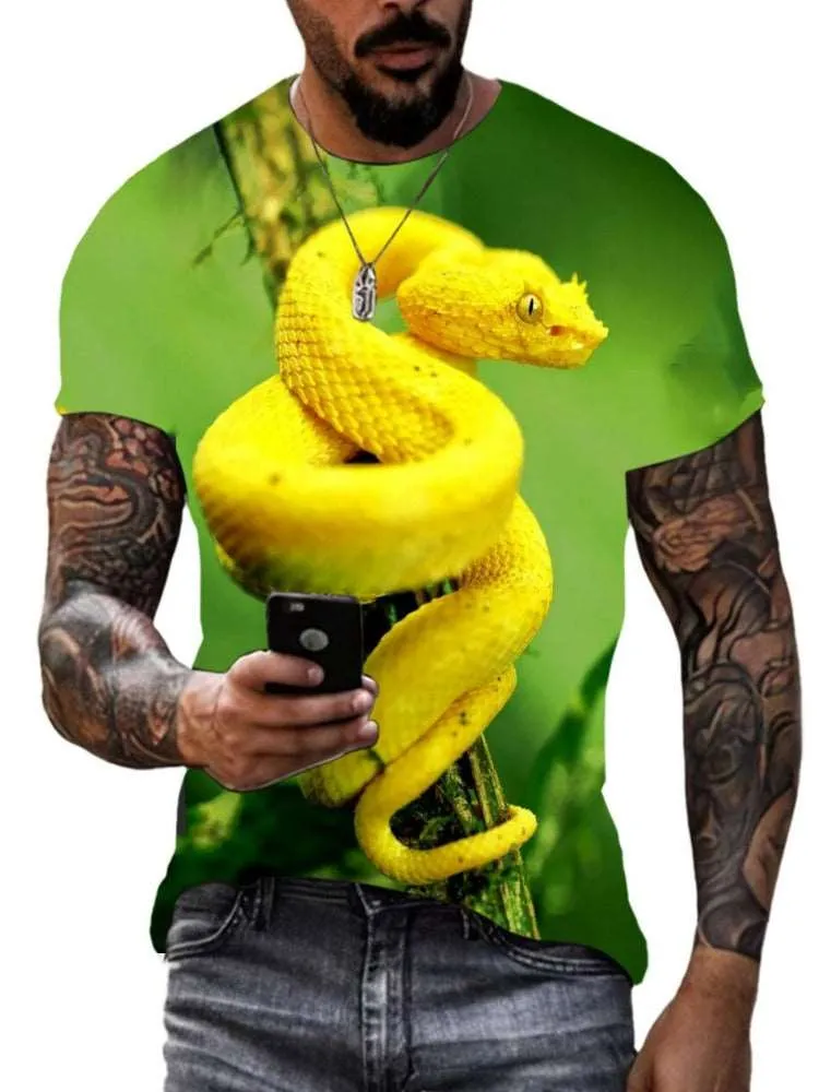 Animal Python Pattern 3D Printed Summer Men's T-shirt - Hip Hop Alternative Personality, Quick-drying, Loose Crewneck Short Sleeve