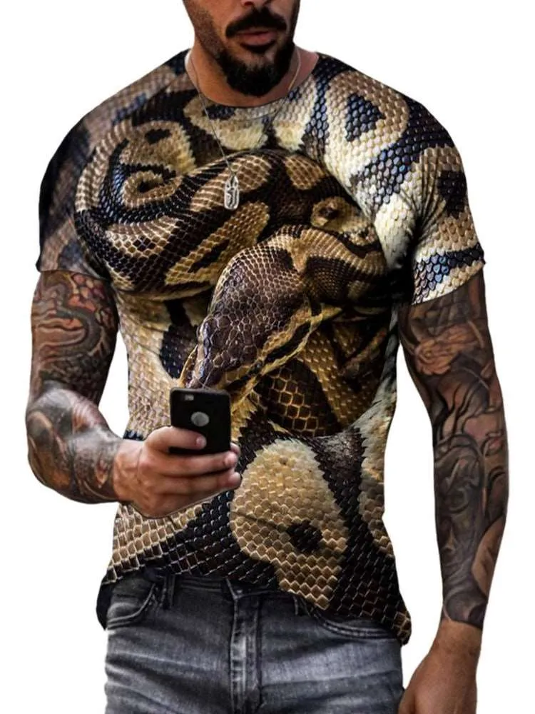 Animal Python Pattern 3D Printed Summer Men's T-shirt - Hip Hop Alternative Personality, Quick-drying, Loose Crewneck Short Sleeve