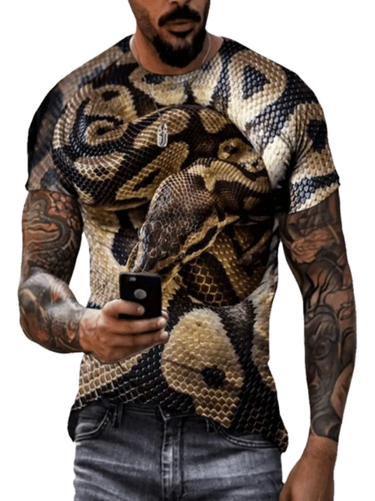 Animal Python Pattern 3D Printed Summer Men's T-shirt - Hip Hop Alternative Personality, Quick-drying, Loose Crewneck Short Sleeve