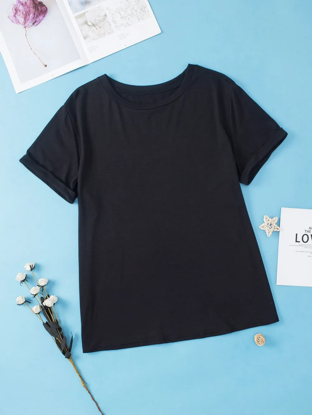 Black Round Neck Rolled Sleeve Plus Size T-shirt