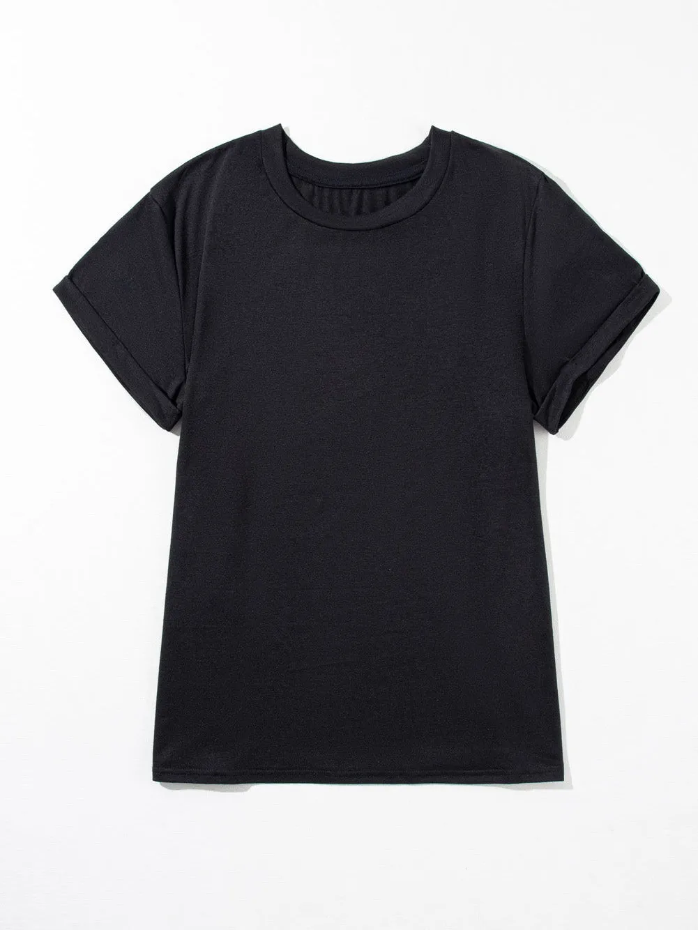 Black Round Neck Rolled Sleeve Plus Size T-shirt