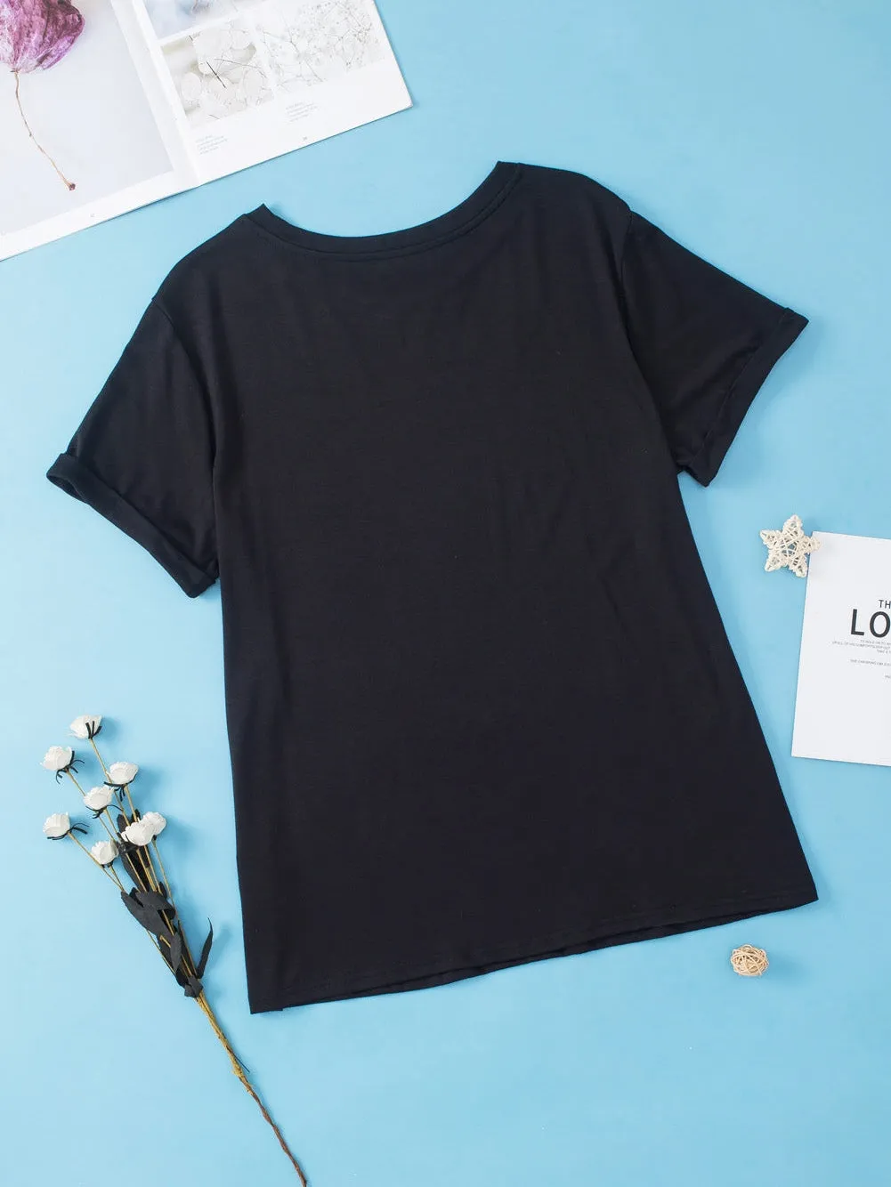Black Round Neck Rolled Sleeve Plus Size T-shirt