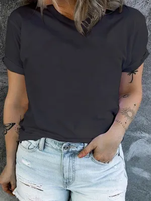 Black Round Neck Rolled Sleeve Plus Size T-shirt