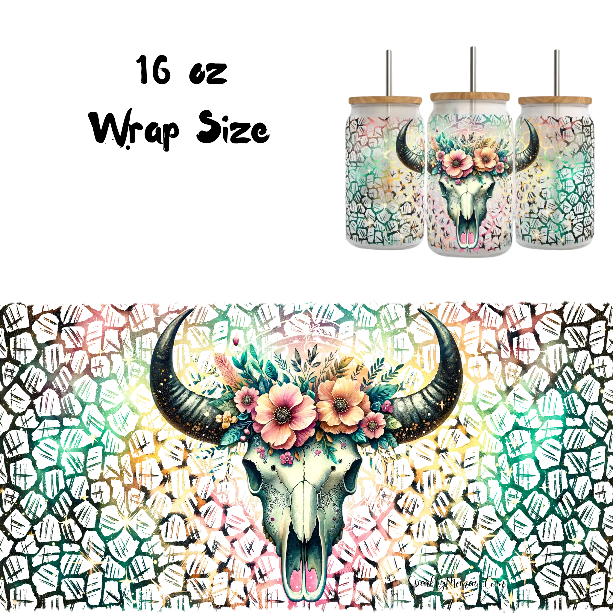 Boho Cow skull UV DTF 16 oz Wrap