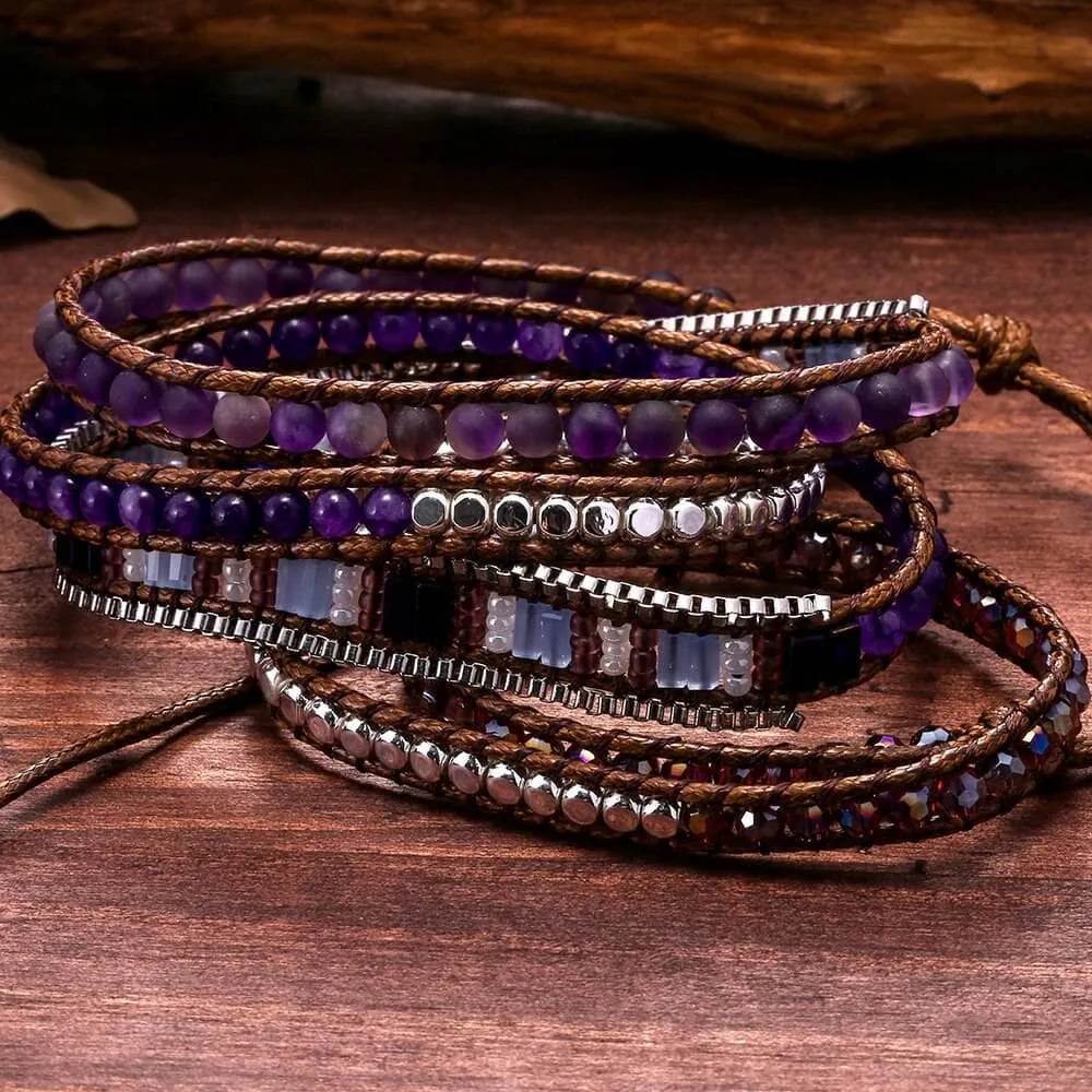 Boho Natural Stone Beadwork 5 Wraps Stainless Steel