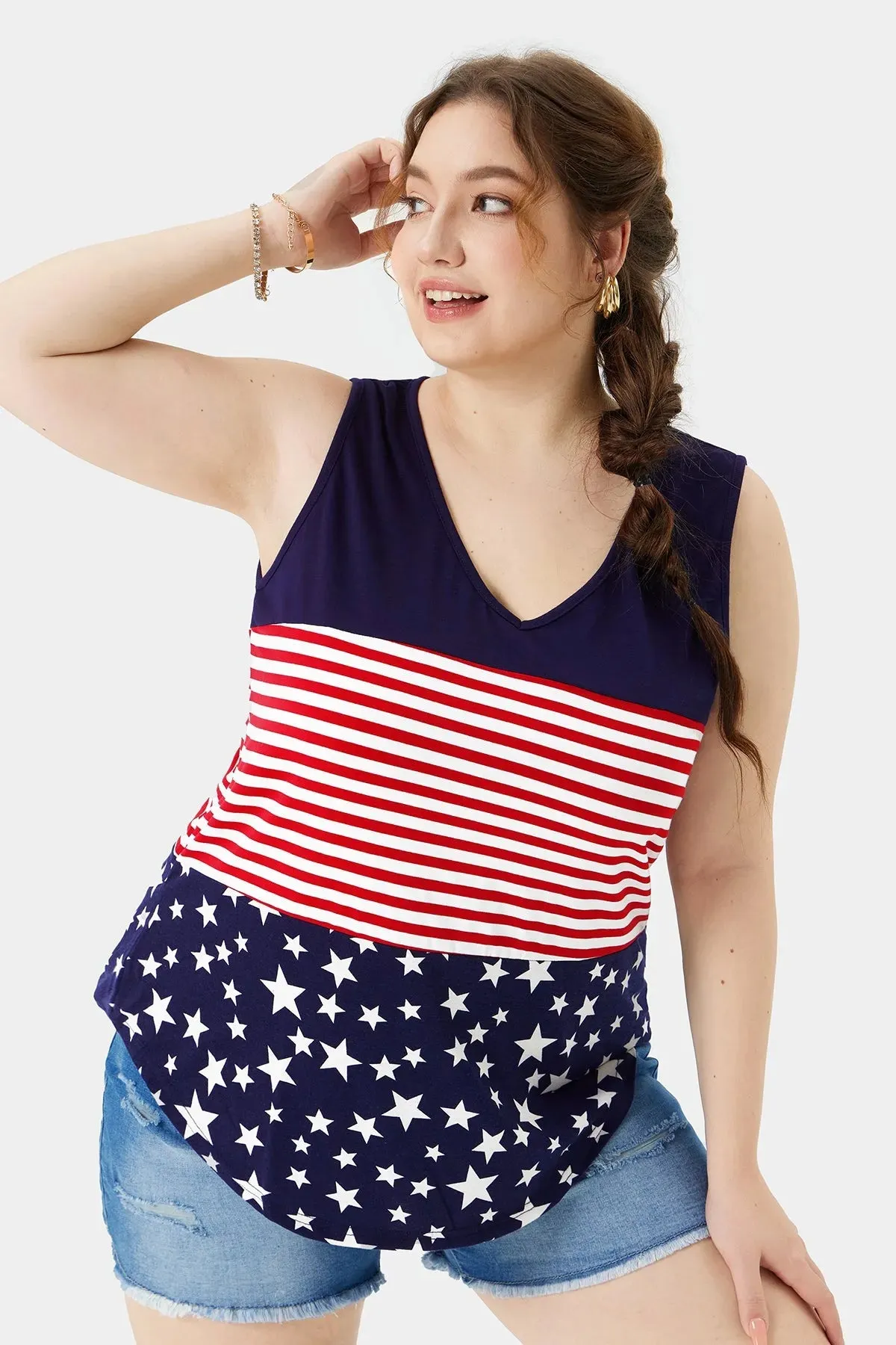 Colorblock Americal Flag Patterned V Neck Tank