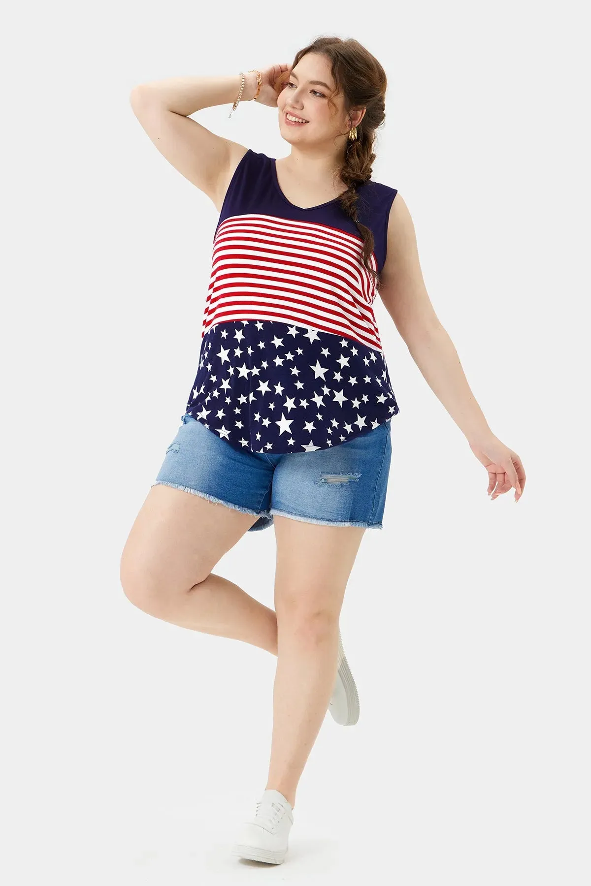 Colorblock Americal Flag Patterned V Neck Tank