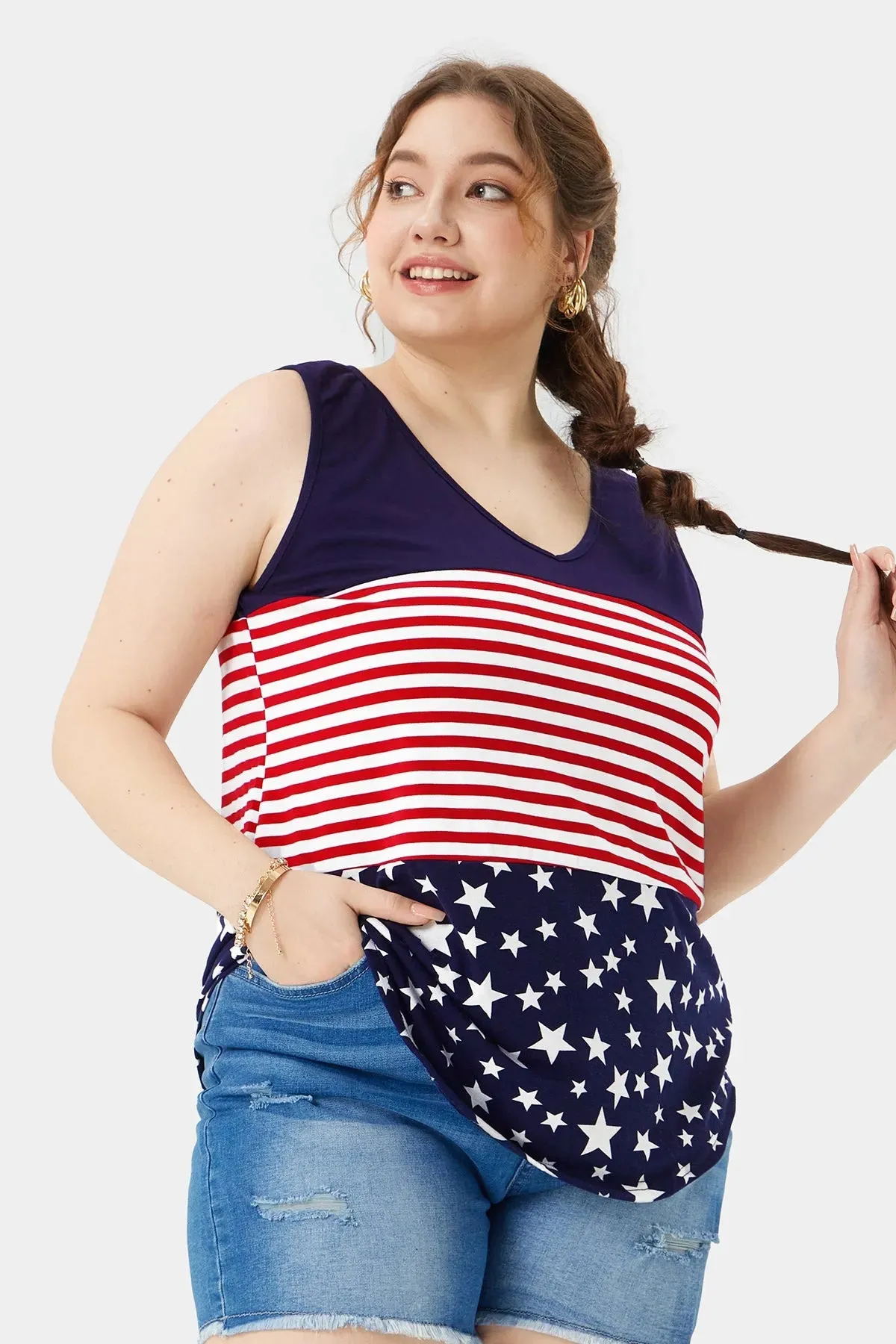 Colorblock Americal Flag Patterned V Neck Tank