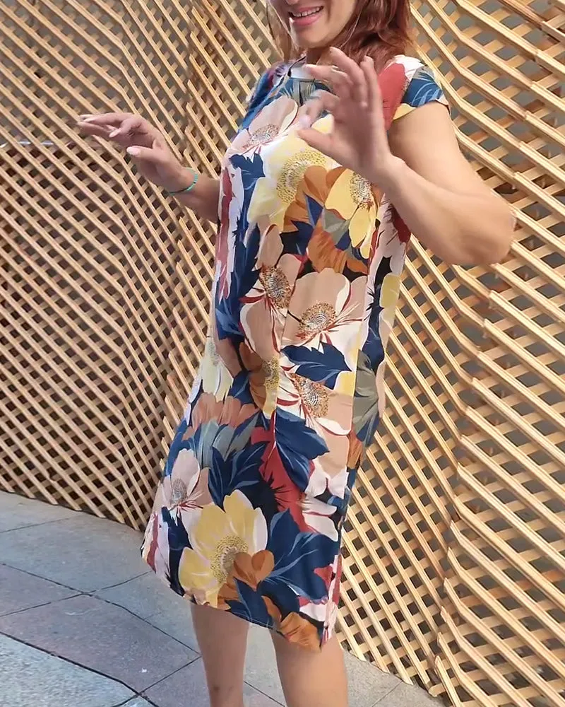 Colorful floral print raglan pocket dress