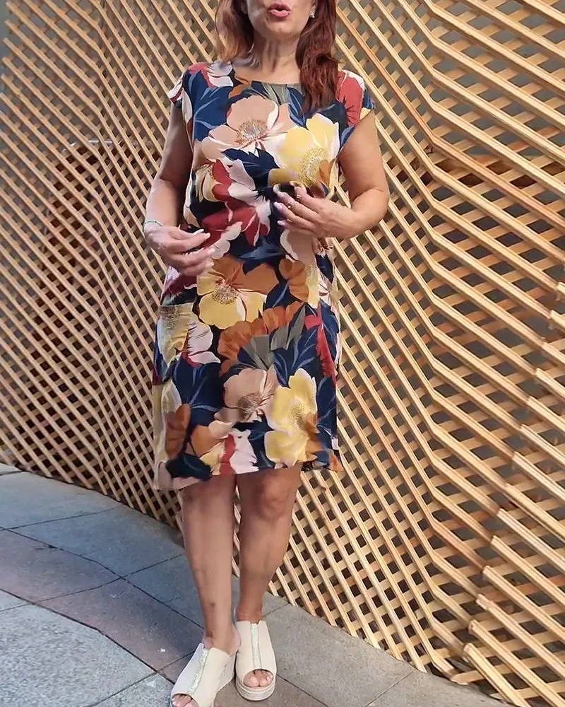 Colorful floral print raglan pocket dress