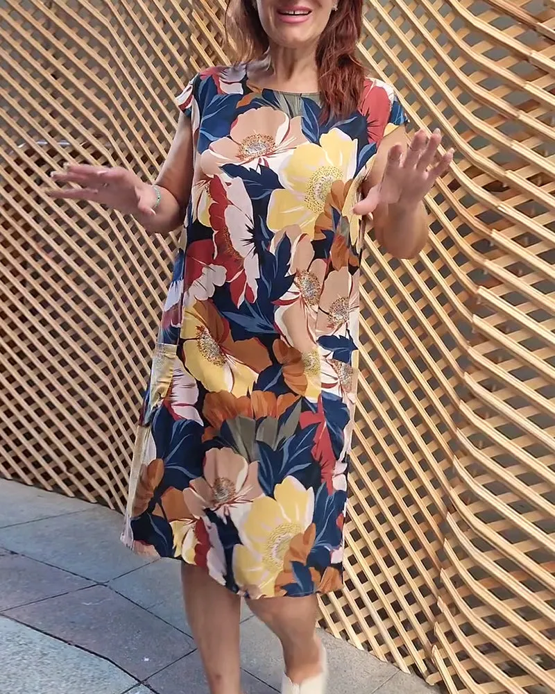 Colorful floral print raglan pocket dress