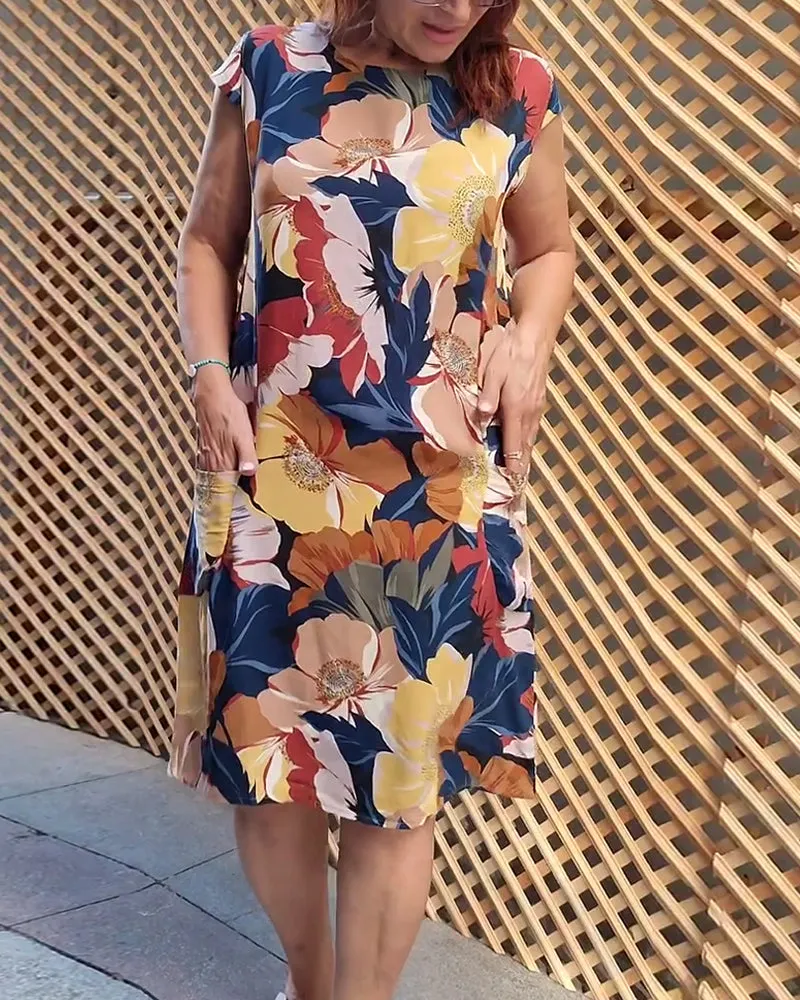 Colorful floral print raglan pocket dress