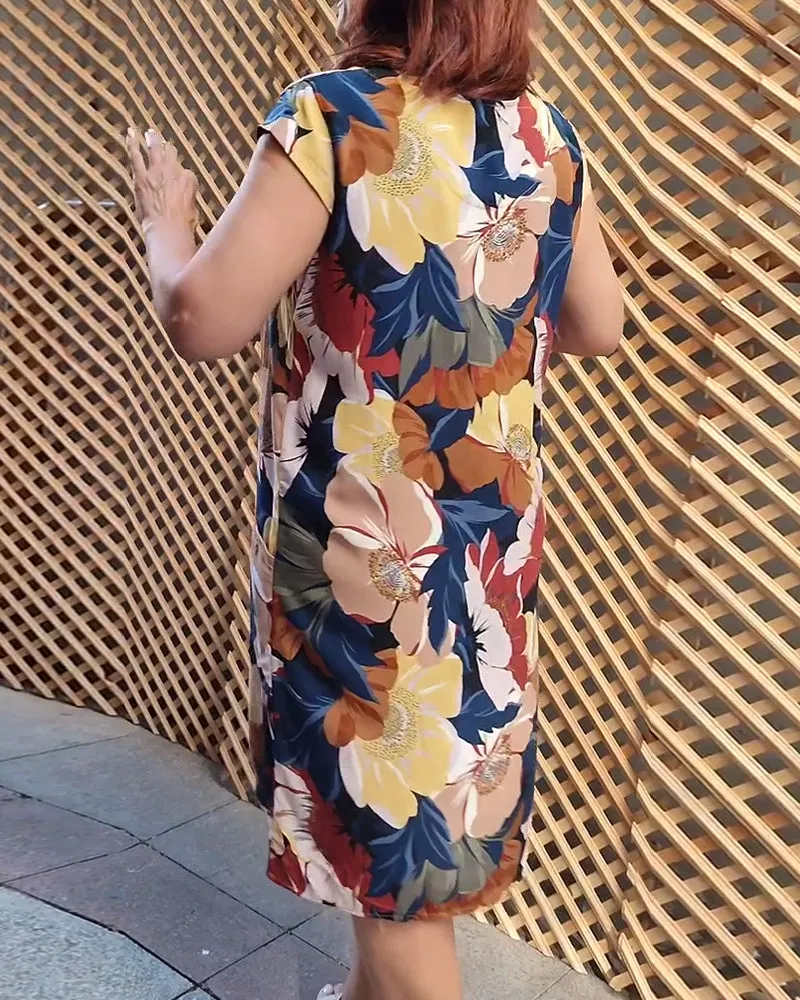 Colorful floral print raglan pocket dress