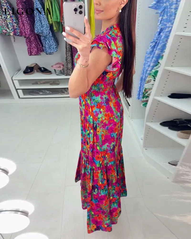 Colorful floral print V-neck elegant dress