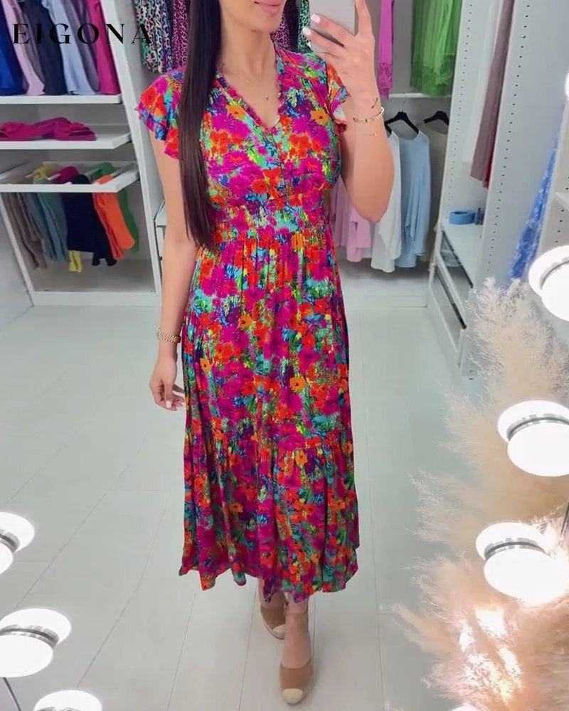 Colorful floral print V-neck elegant dress