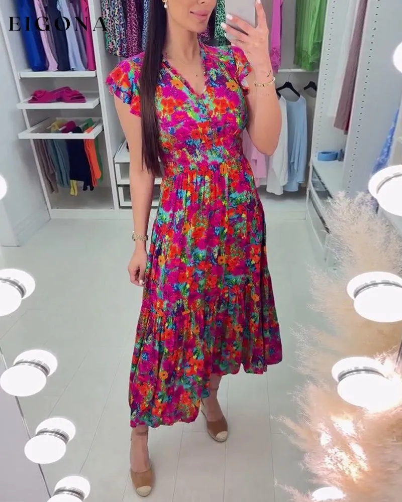 Colorful floral print V-neck elegant dress