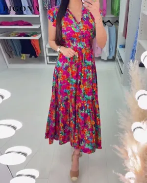 Colorful floral print V-neck elegant dress