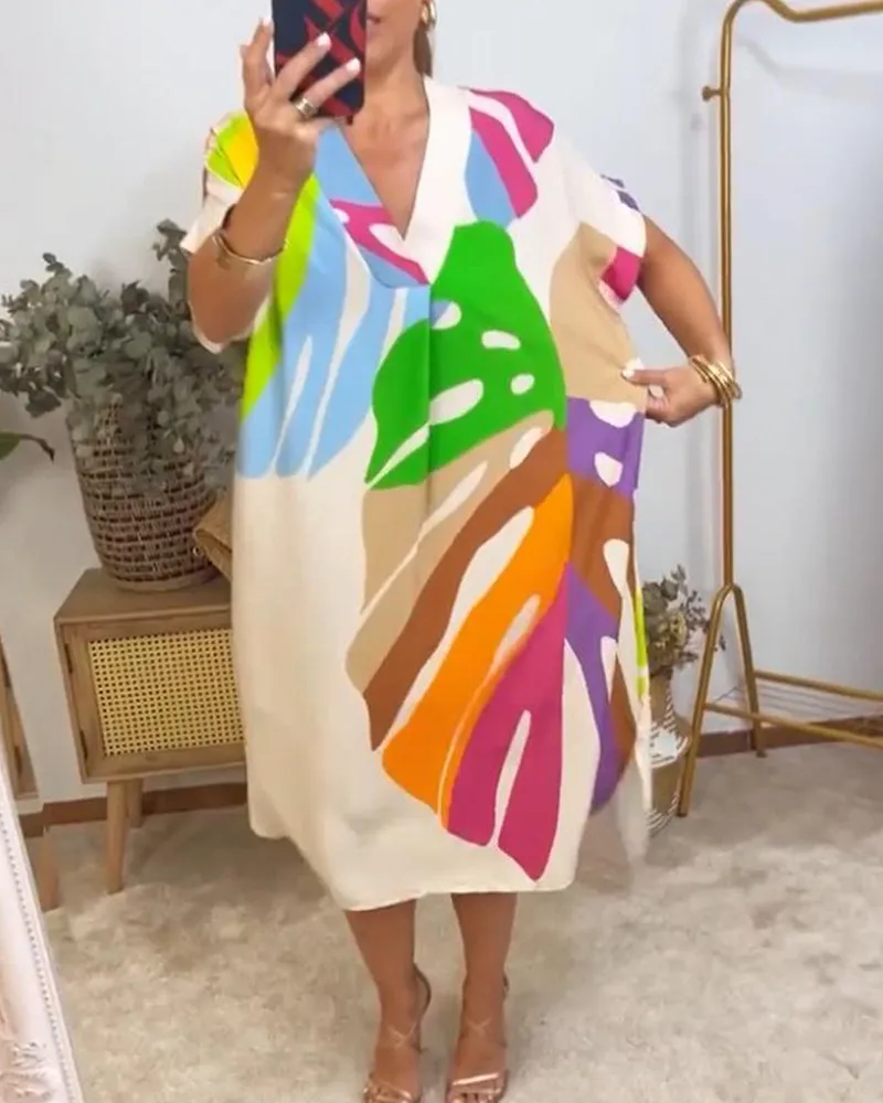Colorful leaf print casual dress