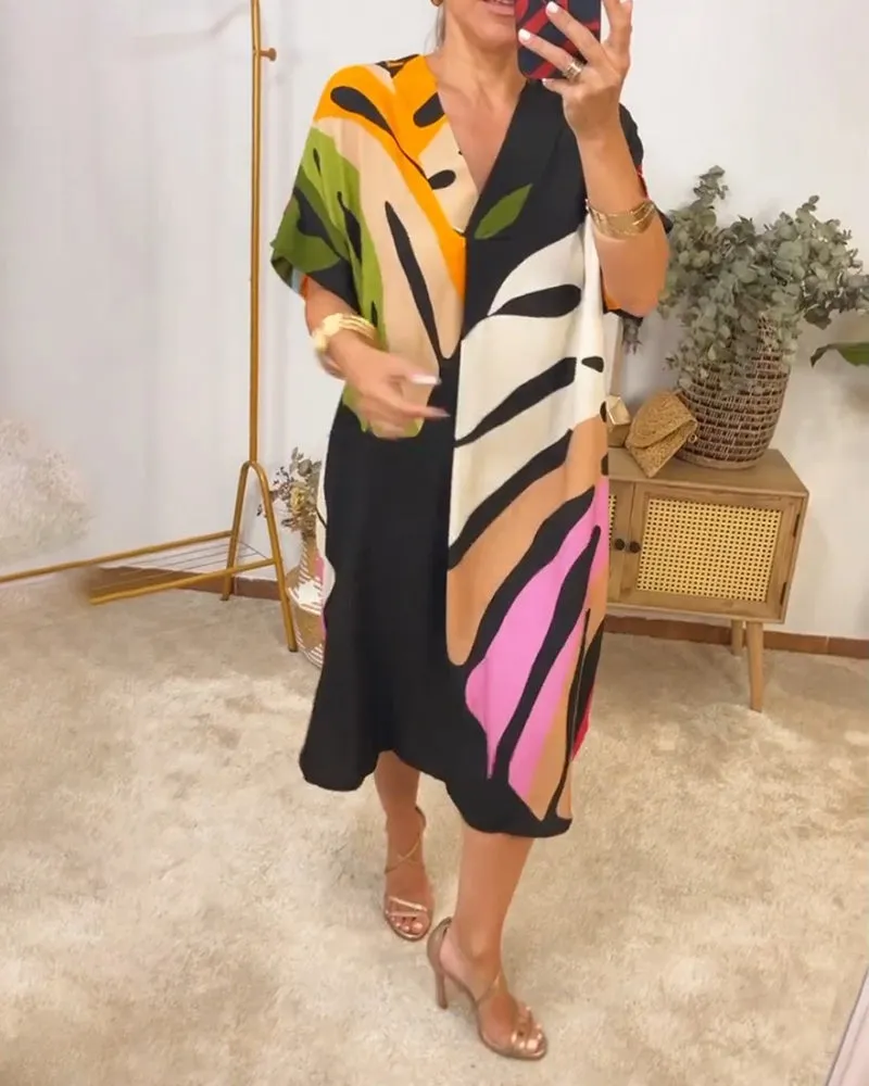 Colorful leaf print casual dress