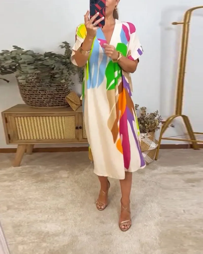 Colorful leaf print casual dress