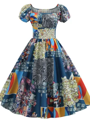 Colorful Print Short Sleeve Vintage Dress