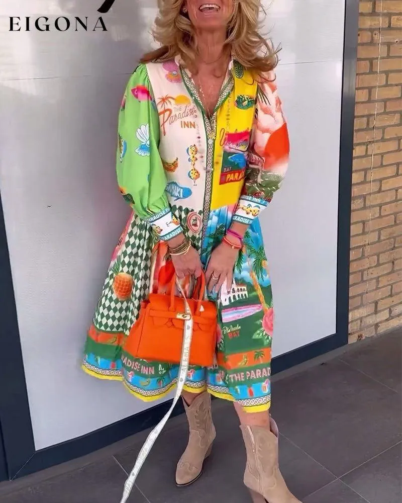 Colorful printed lapel long-sleeved dress