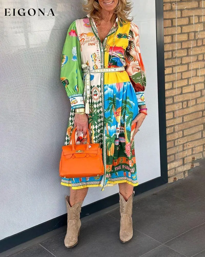 Colorful printed lapel long-sleeved dress
