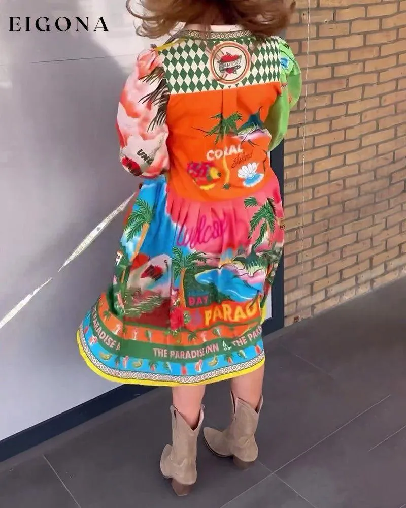 Colorful printed lapel long-sleeved dress