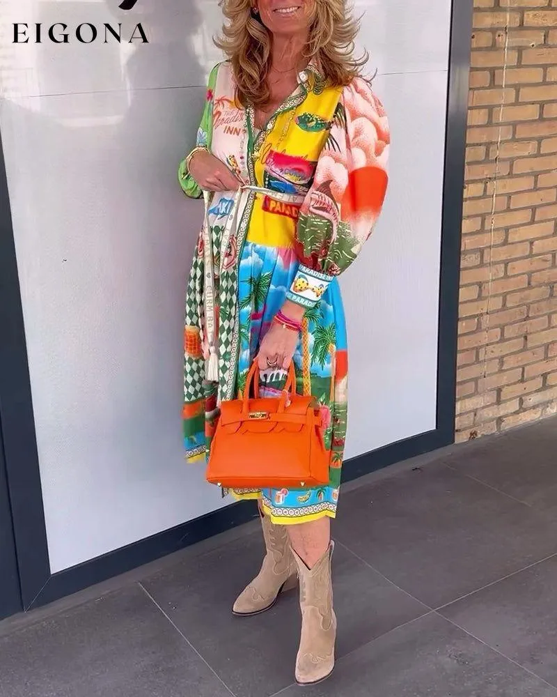 Colorful printed lapel long-sleeved dress