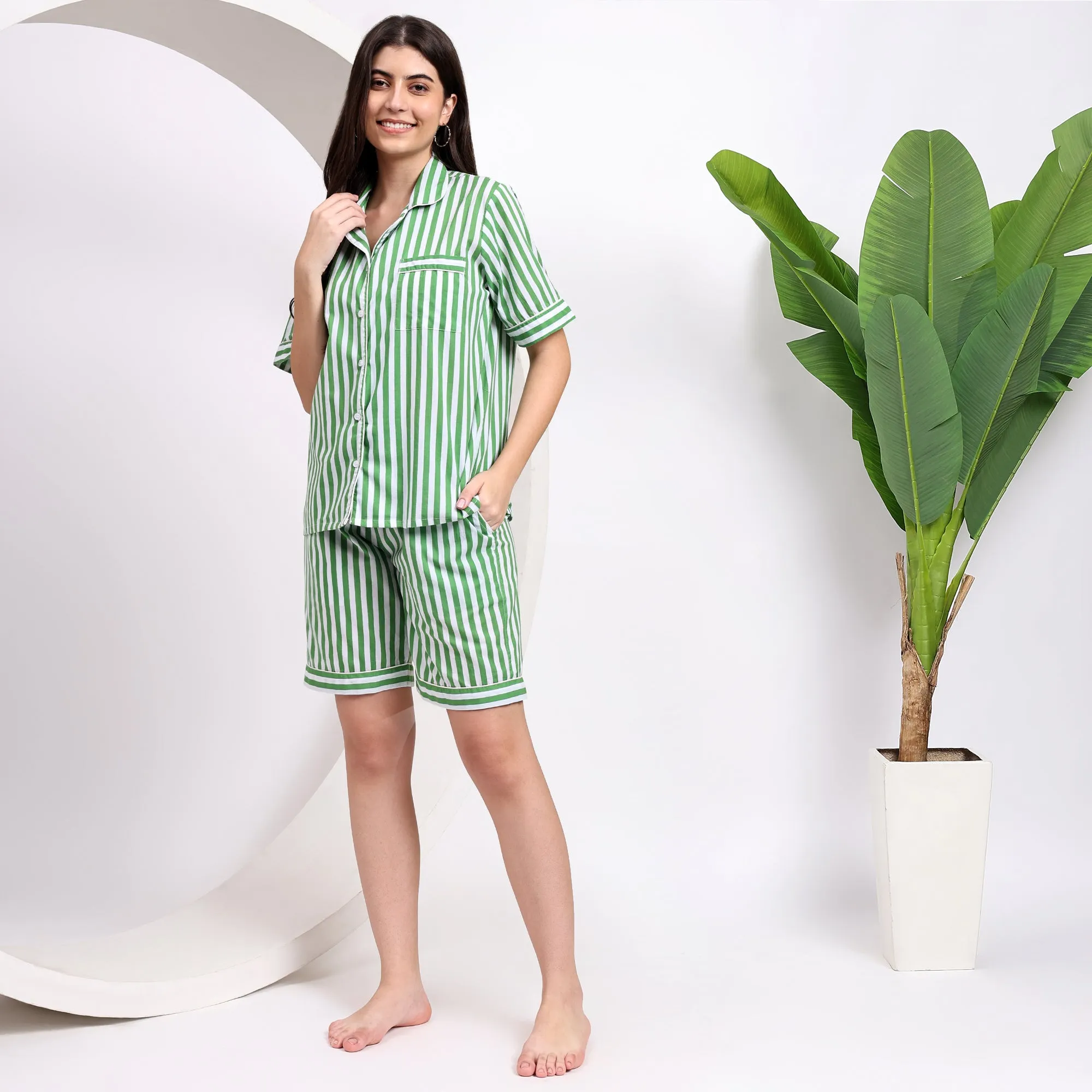 Cotton comfy Pj Shorts with Stripes ~ Green and White