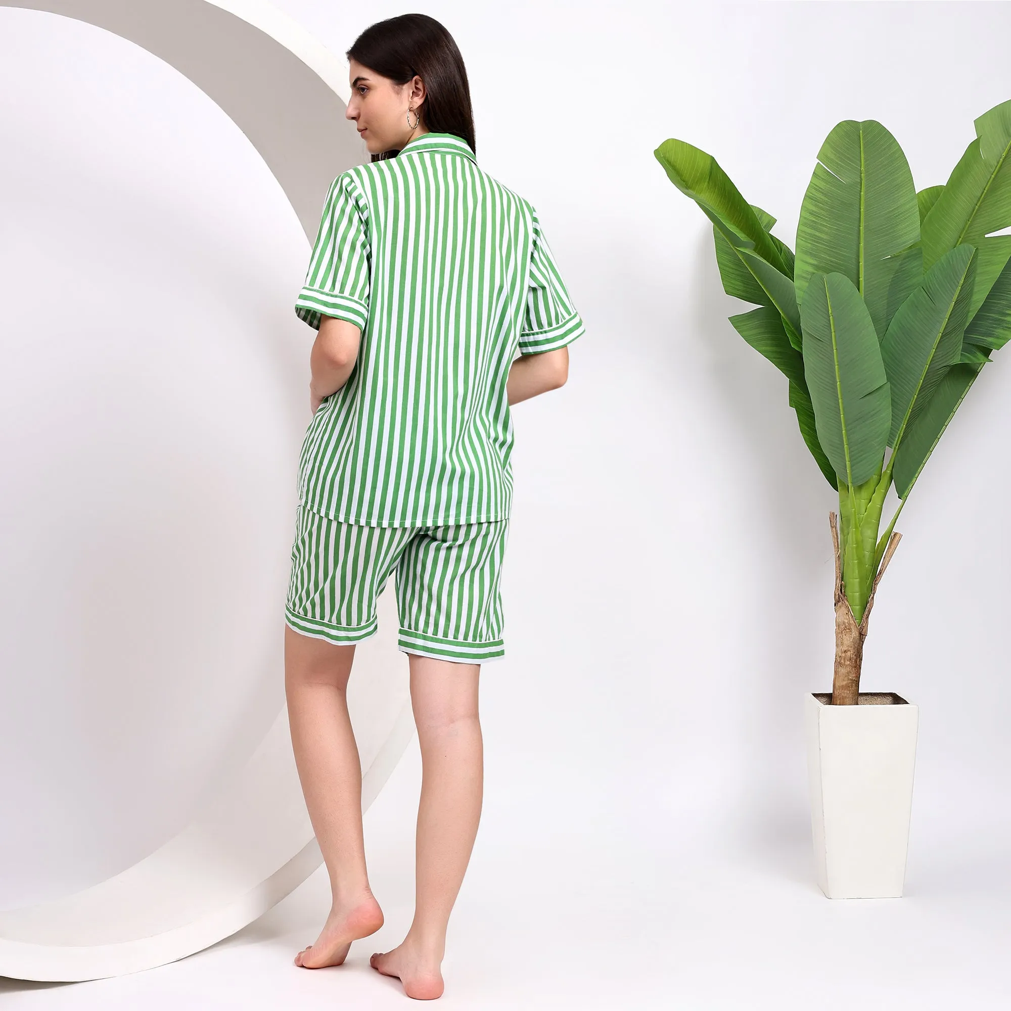 Cotton comfy Pj Shorts with Stripes ~ Green and White