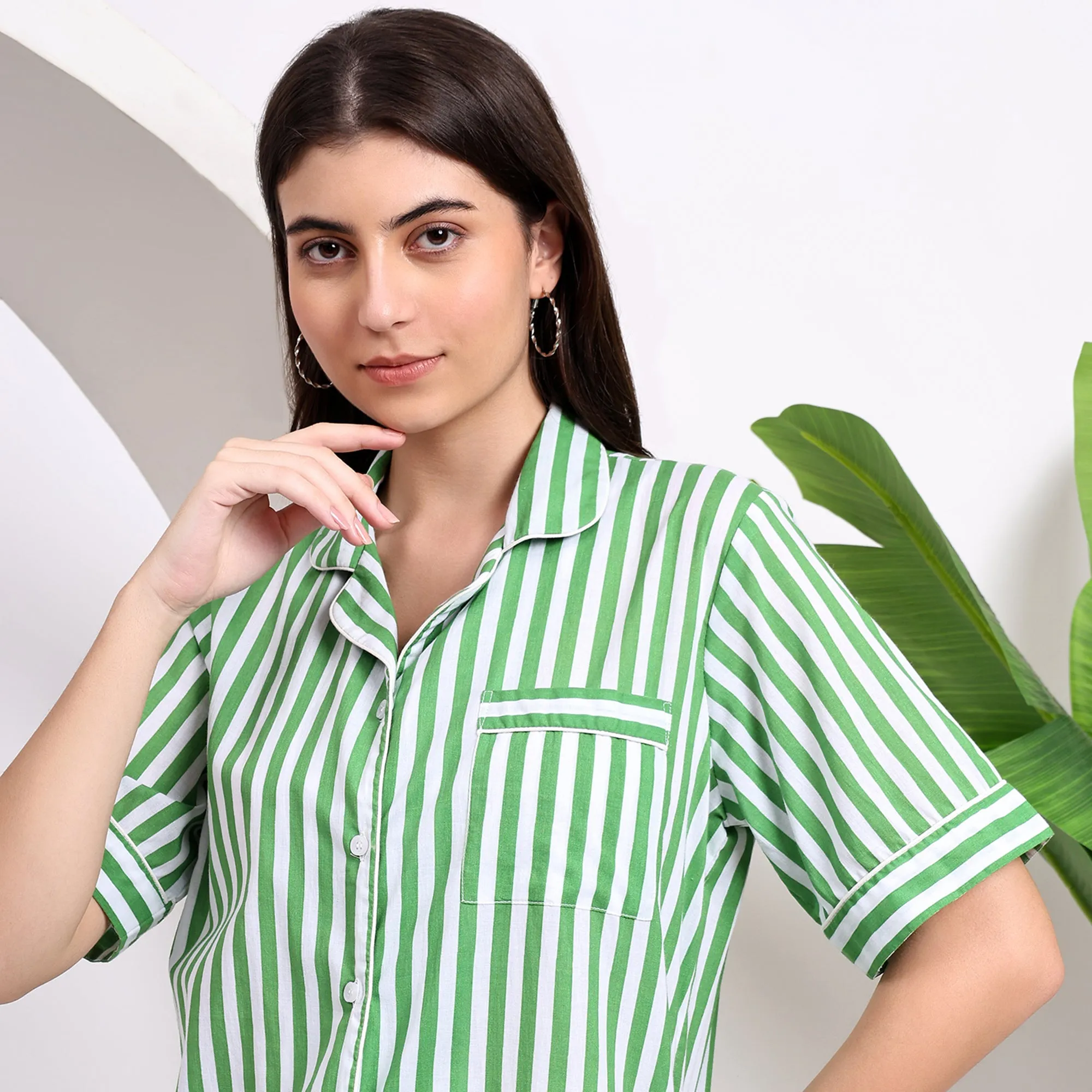 Cotton comfy Pj Shorts with Stripes ~ Green and White