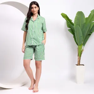 Cotton comfy Pj Shorts with Stripes ~ Green and White