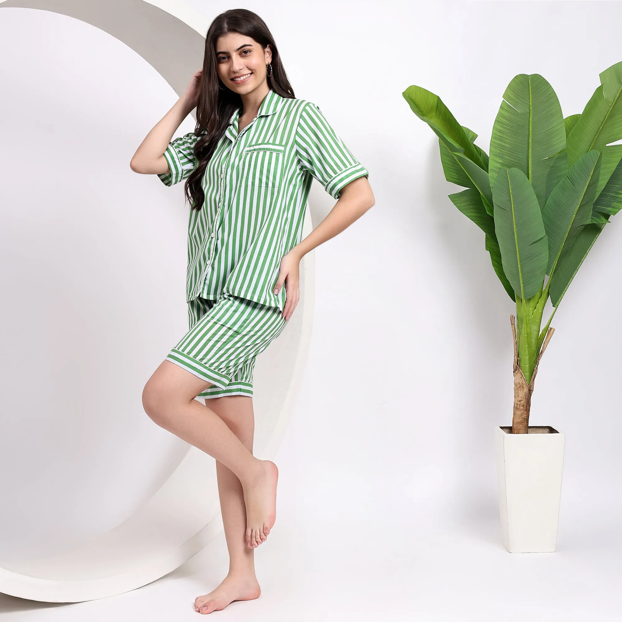 Cotton comfy Pj Shorts with Stripes ~ Green and White
