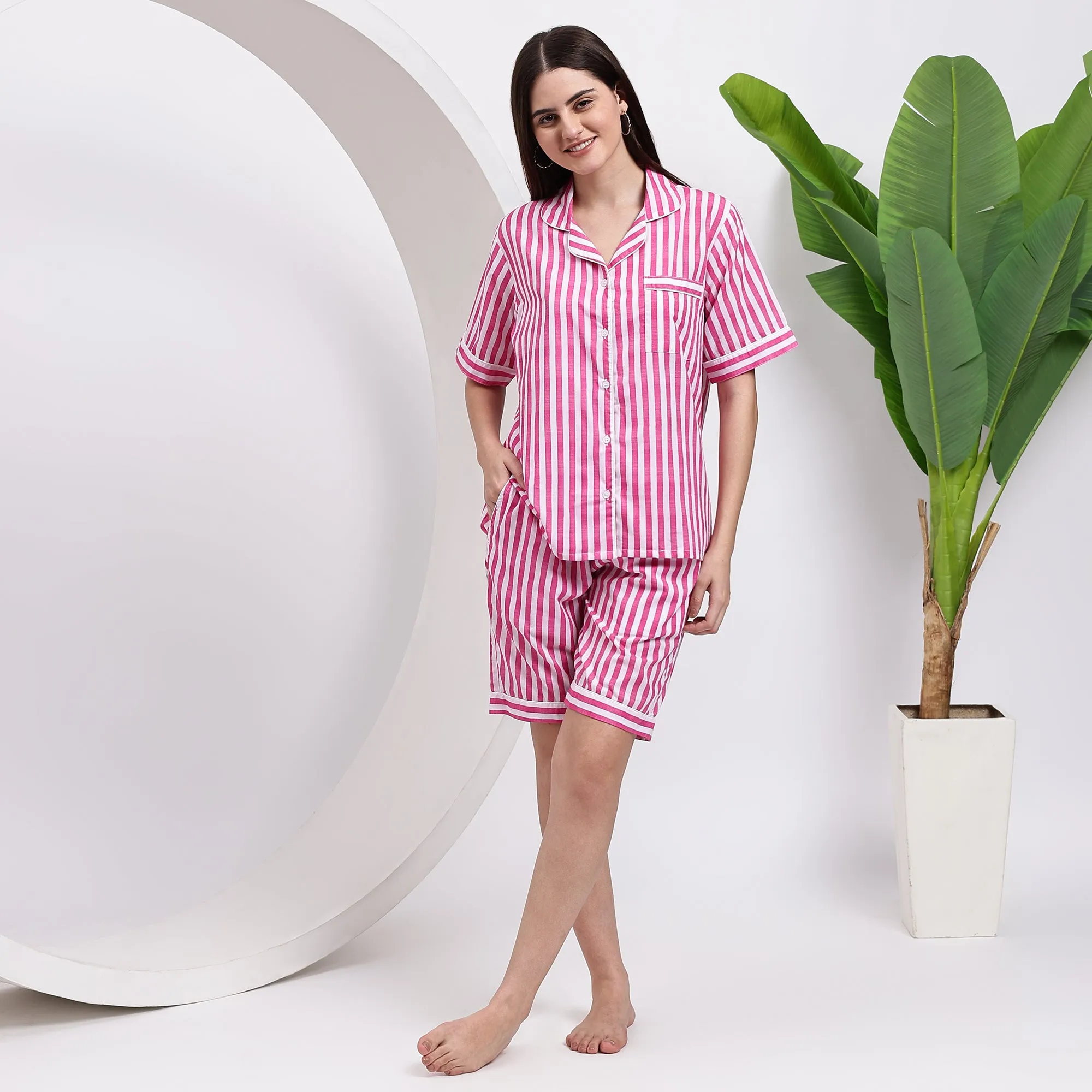 Cotton comfy Pj Shorts with Stripes ~ Green and White