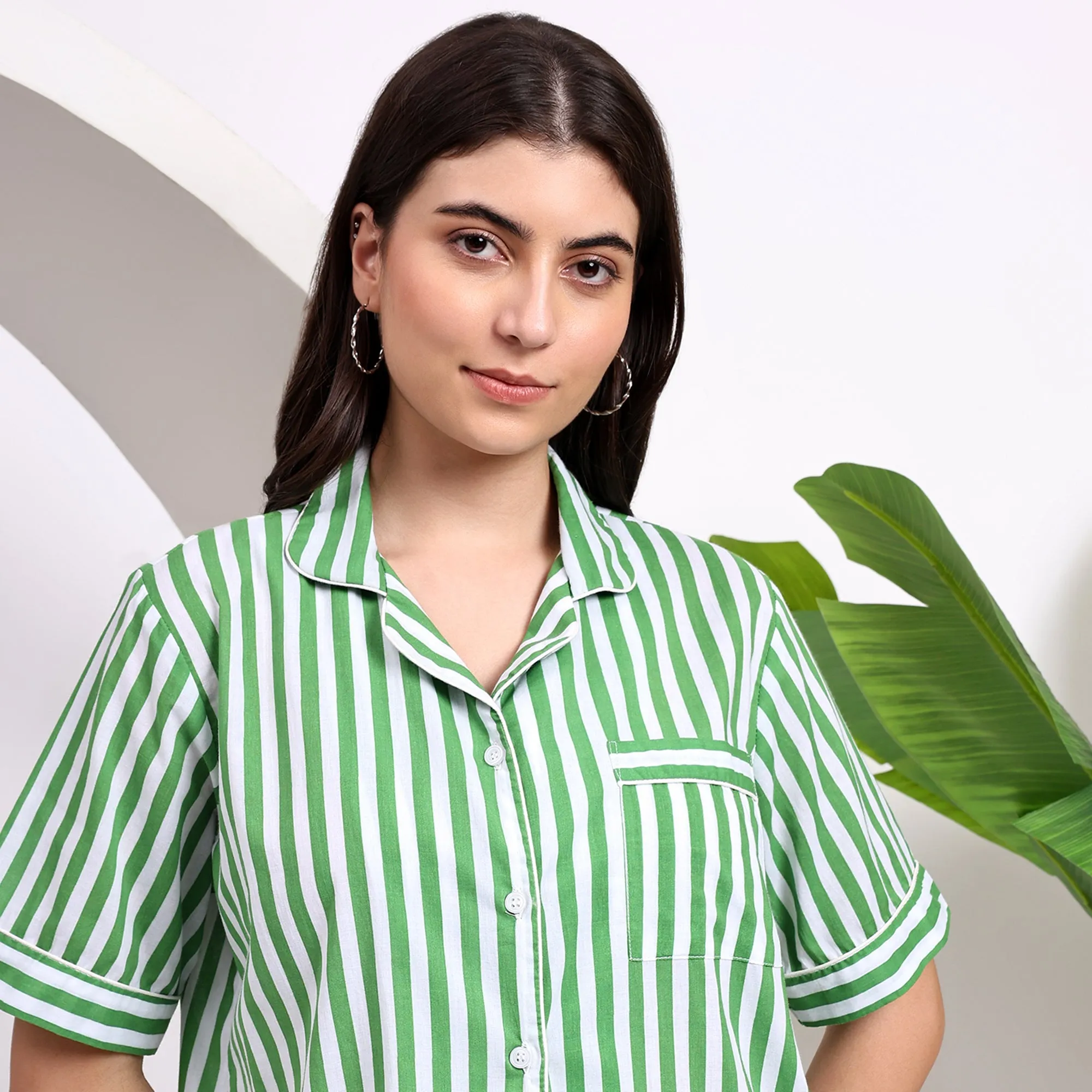 Cotton comfy Pj Shorts with Stripes ~ Green and White