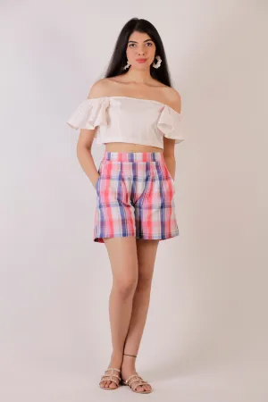 Cotton Pleated Plaid Shorts - Red-Blue