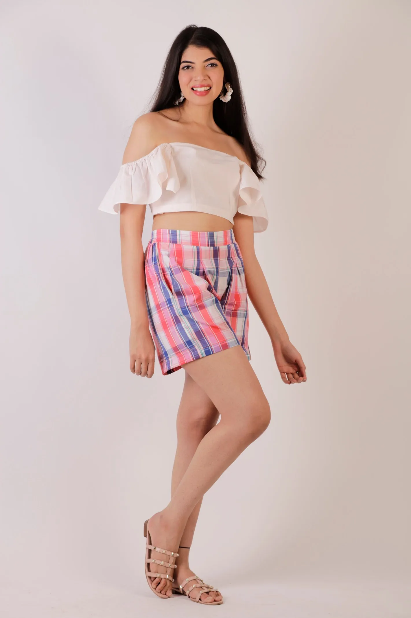 Cotton Pleated Plaid Shorts - Red-Blue
