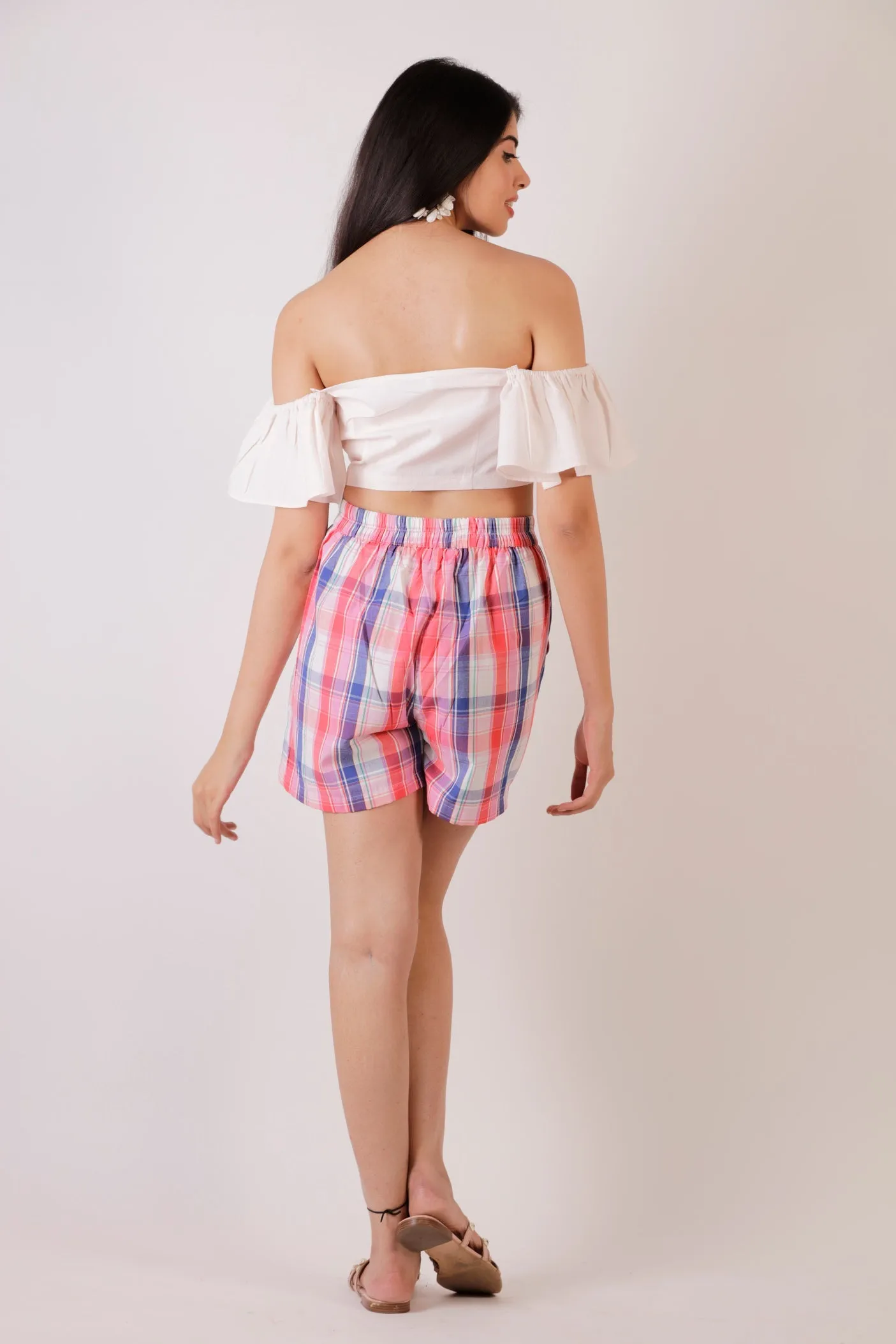 Cotton Pleated Plaid Shorts - Red-Blue