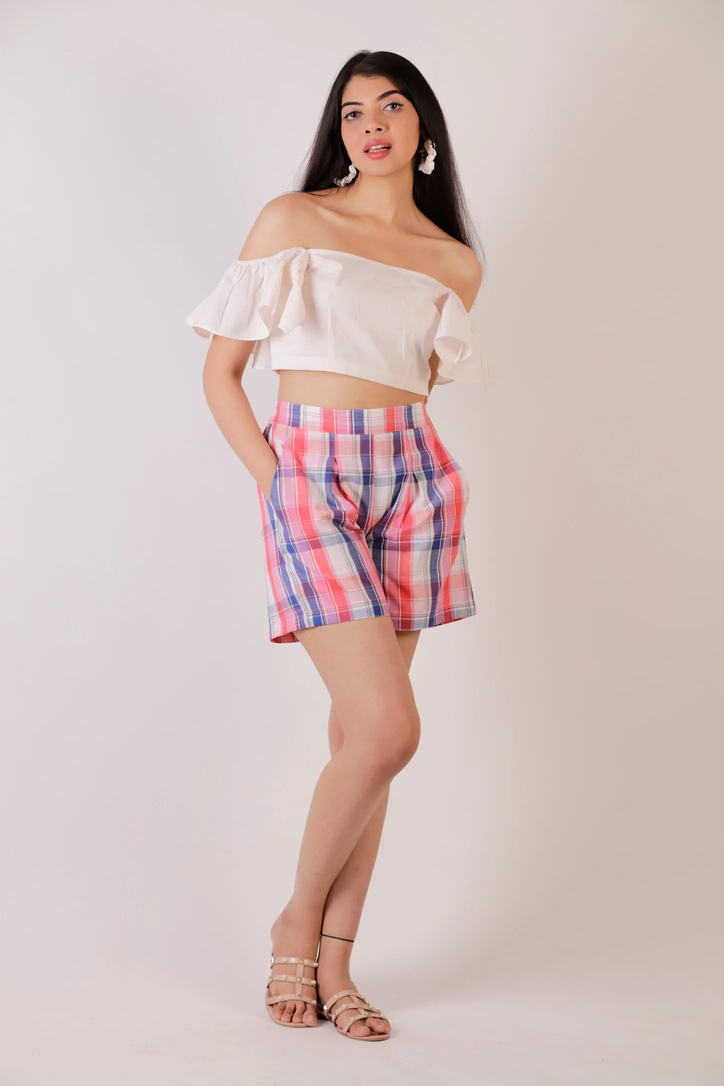 Cotton Pleated Plaid Shorts - Red-Blue