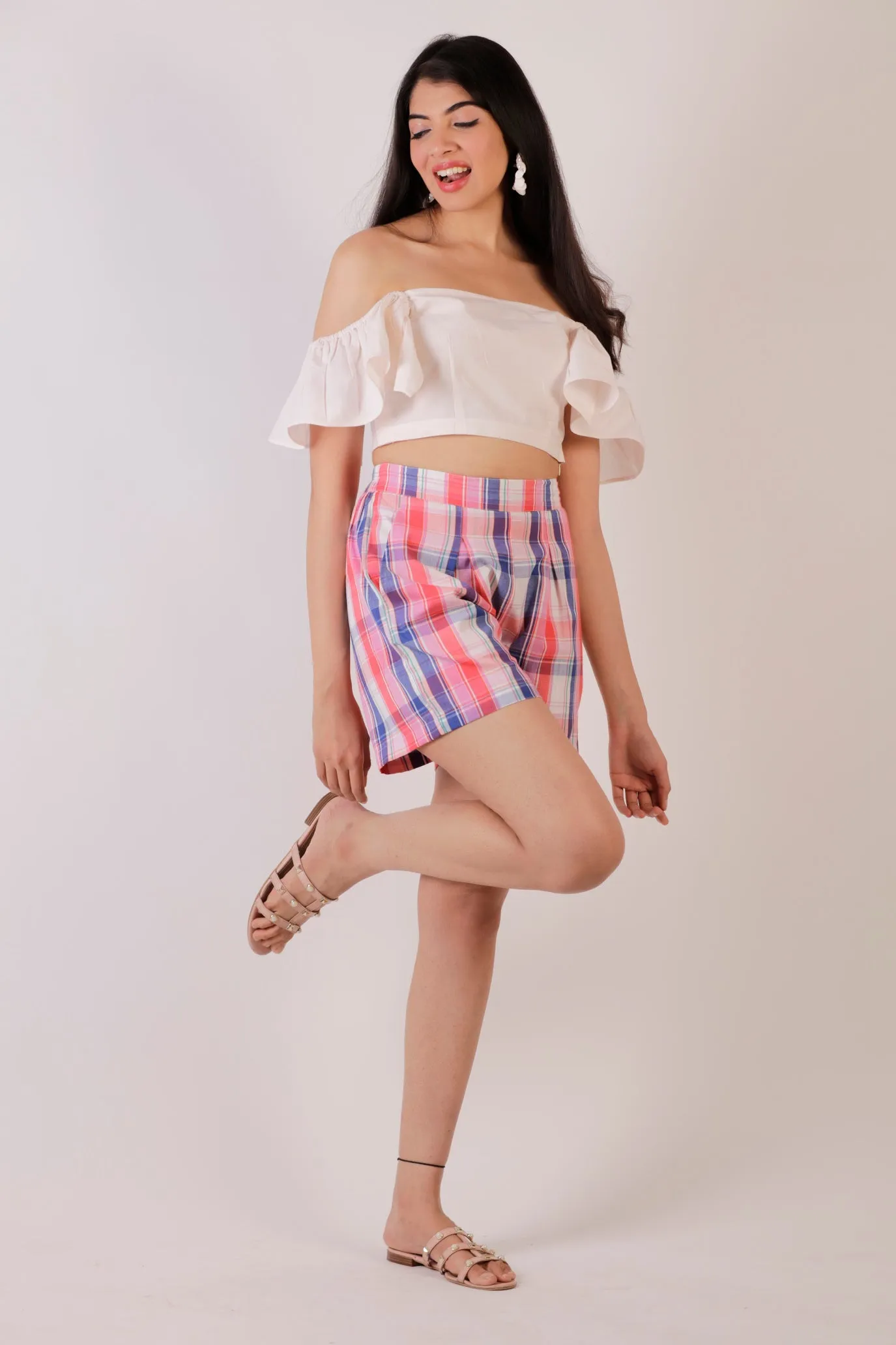 Cotton Pleated Plaid Shorts - Red-Blue