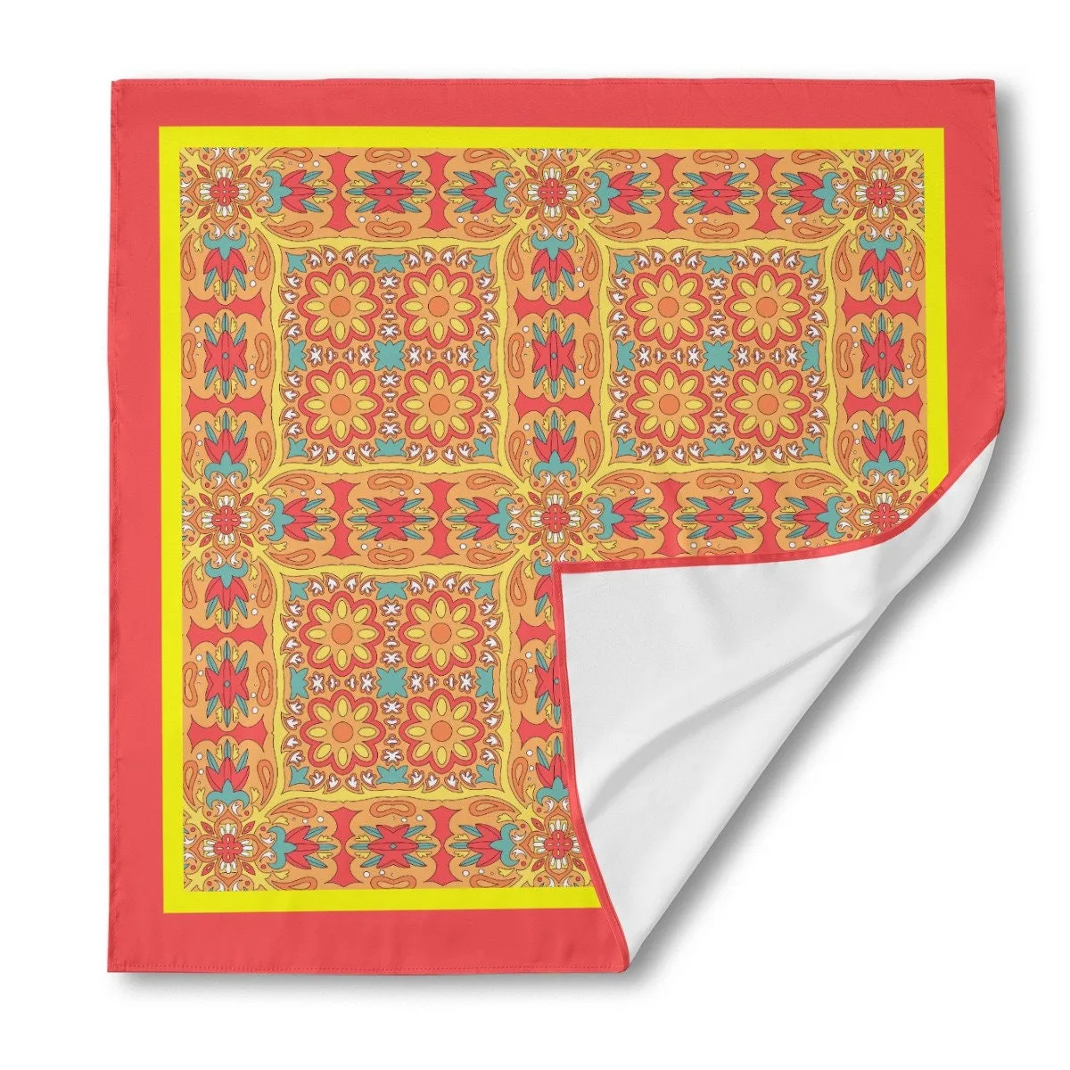 Elegant Scarf, Orange Pink Floral Square Scarf, 70s Style Scarf, Retro Bandana, Designer Scarf, Imitation Silk Scarf