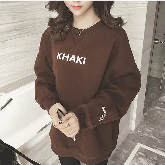 Elegant Thick Printed Trendy Mid-Length Round-Neck Long Sleeved Alphabets Loose Sweatshirt Women Outerwear