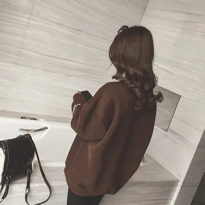 Elegant Thick Printed Trendy Mid-Length Round-Neck Long Sleeved Alphabets Loose Sweatshirt Women Outerwear