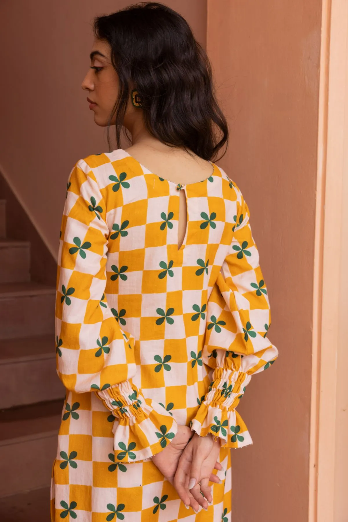 Ethereal Kurta Set- Mustard Checks (Set of 2)