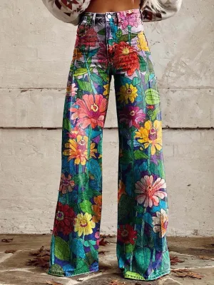 Faith - Stylish Vintage Floral High-Waisted Wide-Leg Trousers