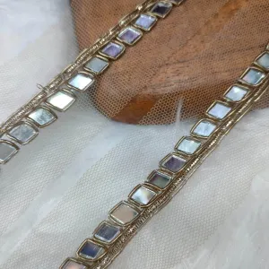 Golden Square Mirror Work Embellished Handwork Trim (Wholesale)