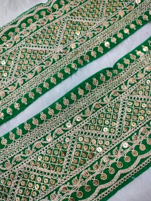 Green & Golden Sequins Work Fancy Embellished Trim