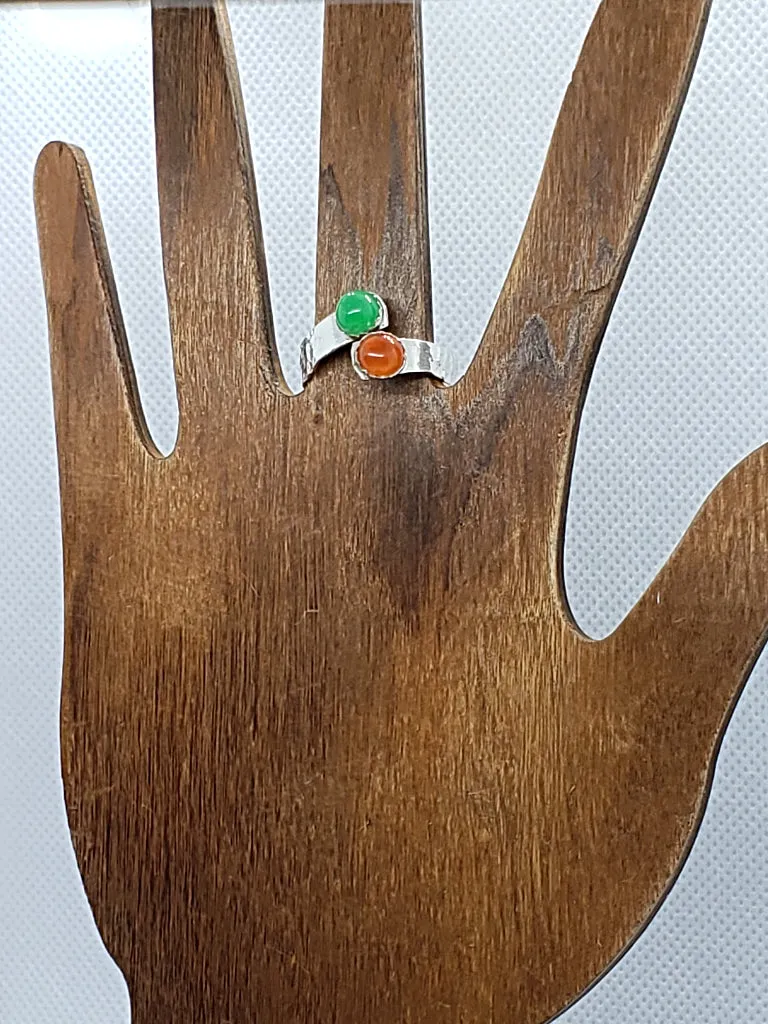 Handmade Hammered .925 Sterling Silver Bypass Chakra Ring – Sacral & Heart Cabochons